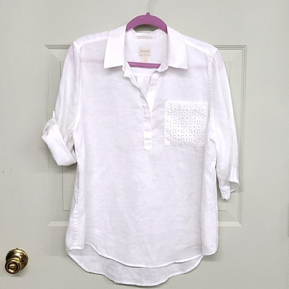 White Linen Shirt Chico Size 2 Sleeves Up or Down